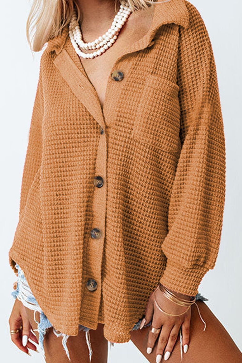 Waffle-Knit Collared Neck Long Sleeve Shirt