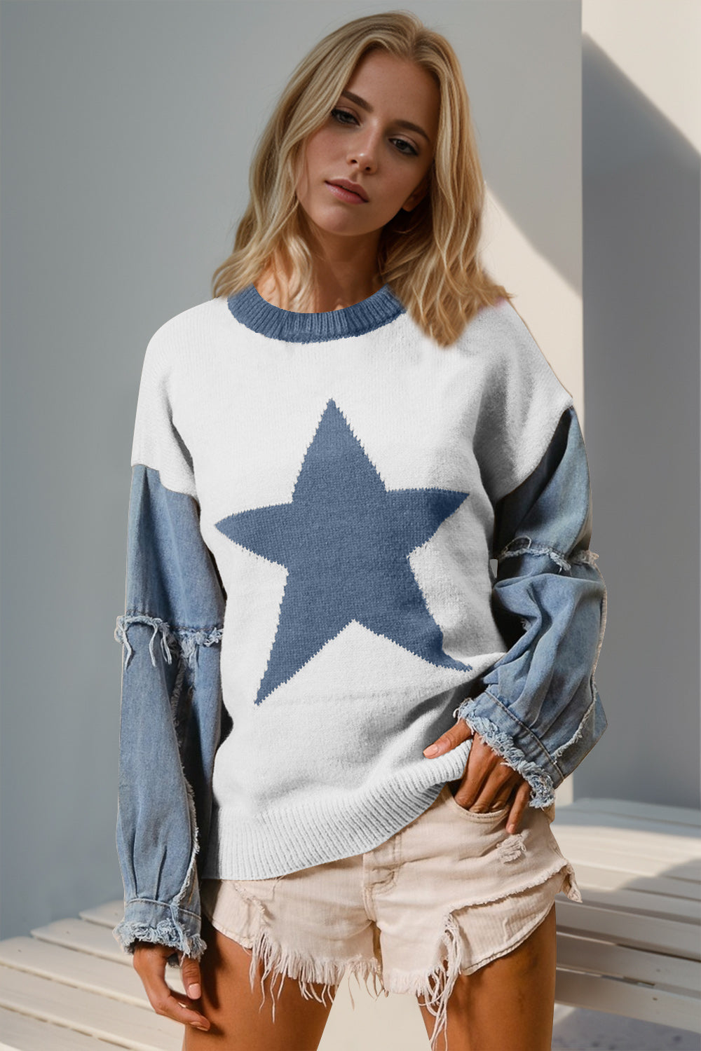 Star Pattern Raw Edge Long Sleeve Sweater