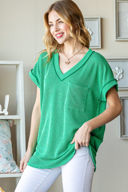 Front Pocket Short Sleeve Ribbed Top