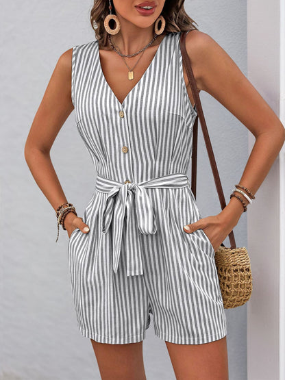 Striped V-Neck Tie Waist Romper