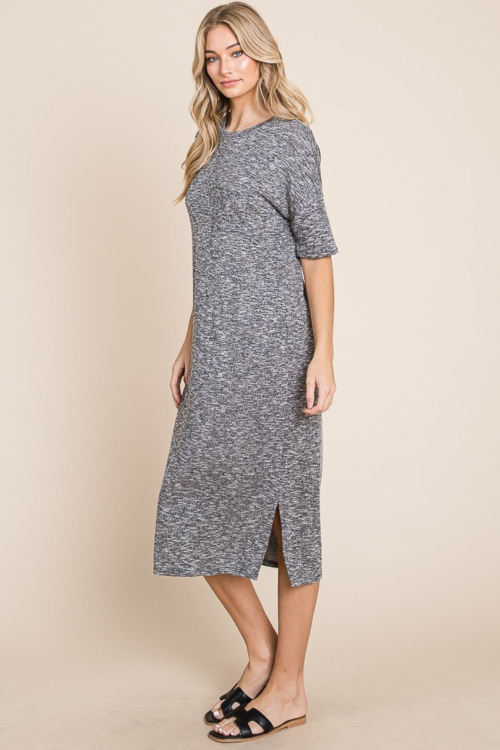 Slit Round Neck Half Sleeve Midi Dress