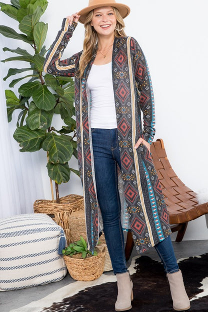 PLUS AZTEC PRINT LONG CARDIGAN