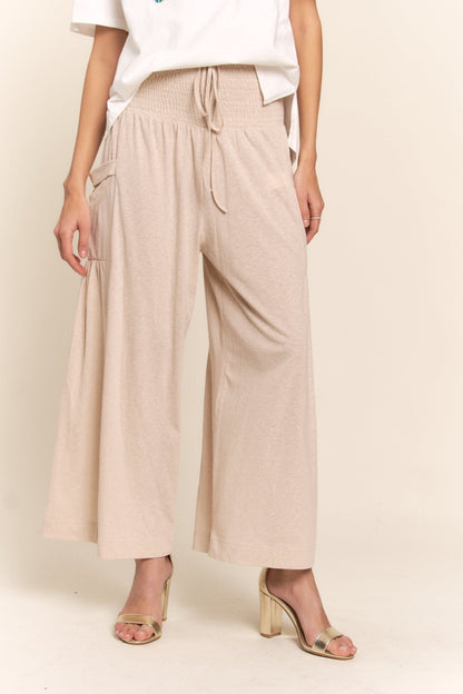 Smocked Waist Boho Wide Leg Pants with Pockets