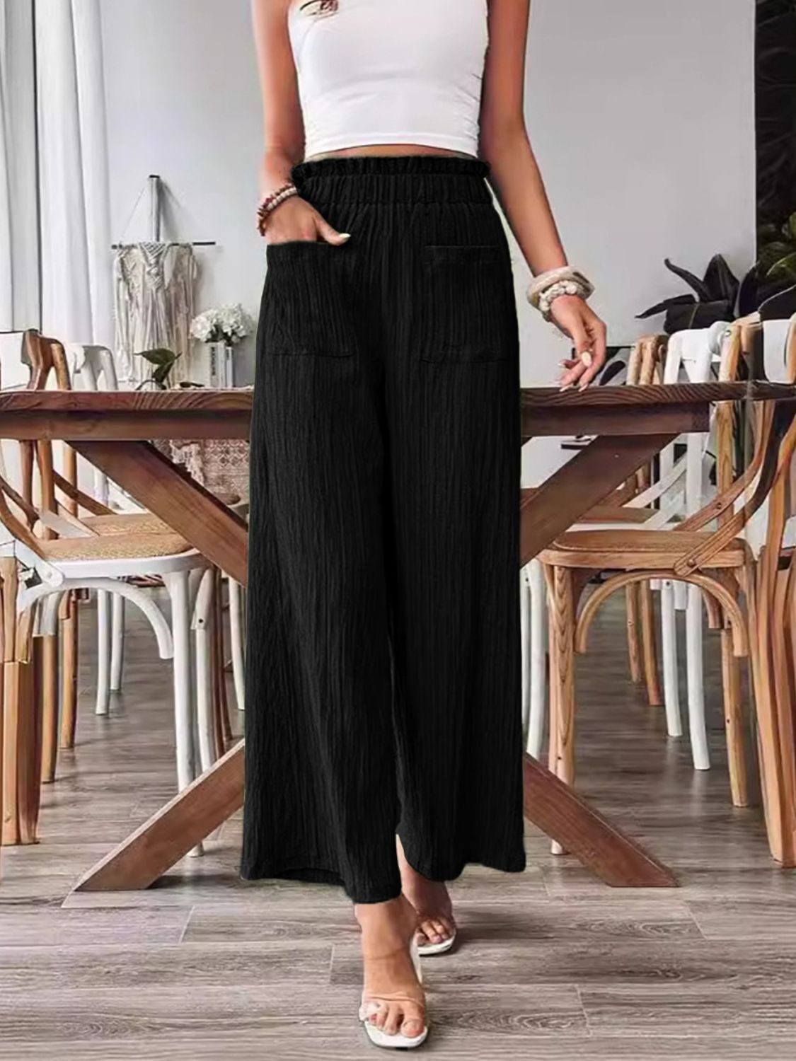 Pocketed Elastic Waist Wide Leg Pants