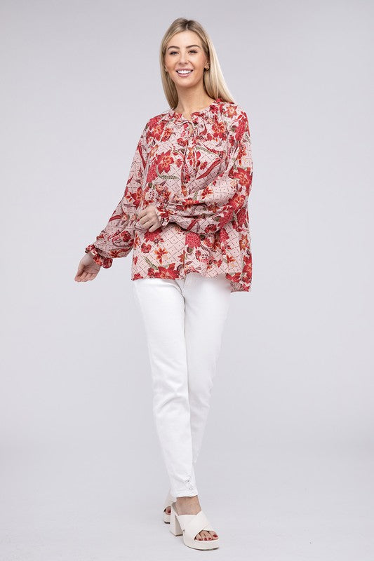 Floral Print Tie Neck Blouse