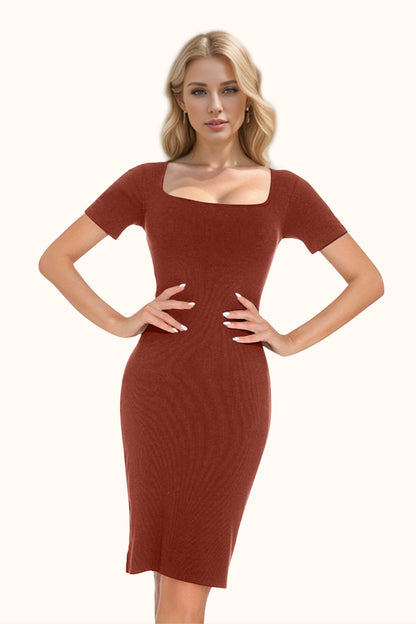 Built-In Shapewear Square Neck Short Sleeve Dress