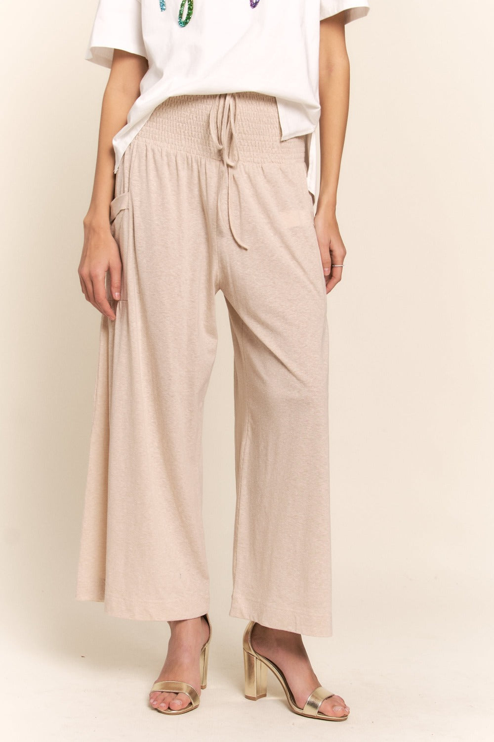 Smocked Waist Boho Wide Leg Pants with Pockets