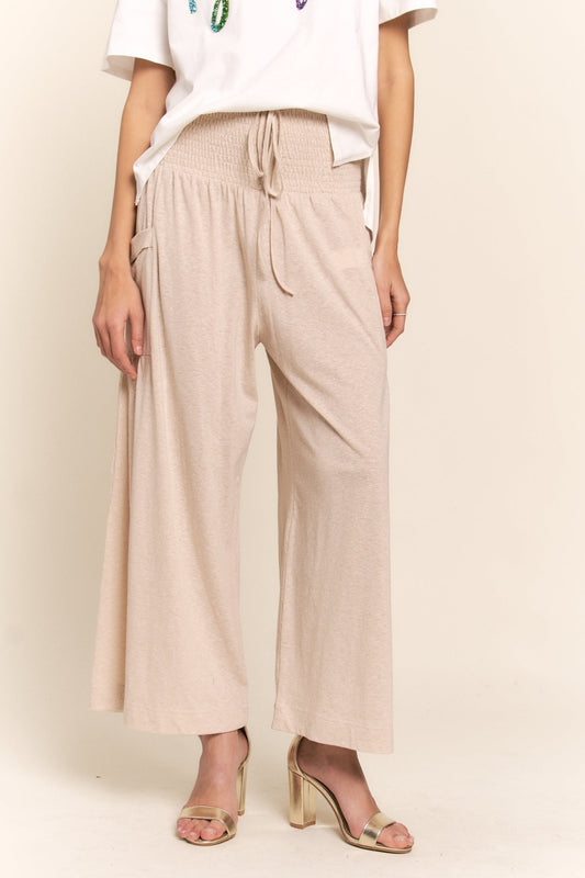 Smocked Waist Boho Wide Leg Pants with Pockets