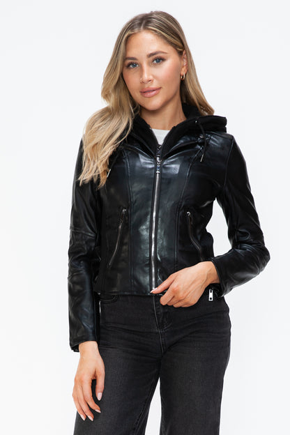 Faux Leather Zip Up Drawstring Hooded Jacket