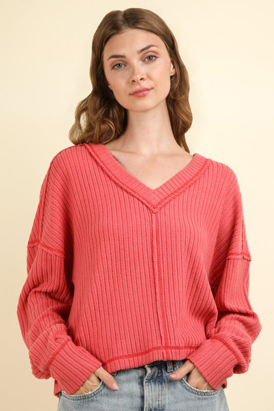 Exposed Seam V-Neck Ribbed Knit Top