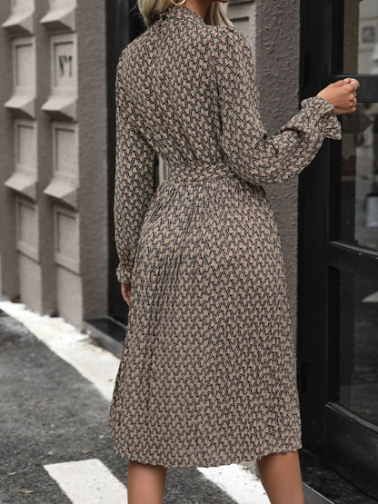 Printed Mock Neck Flounce Sleeve Dress