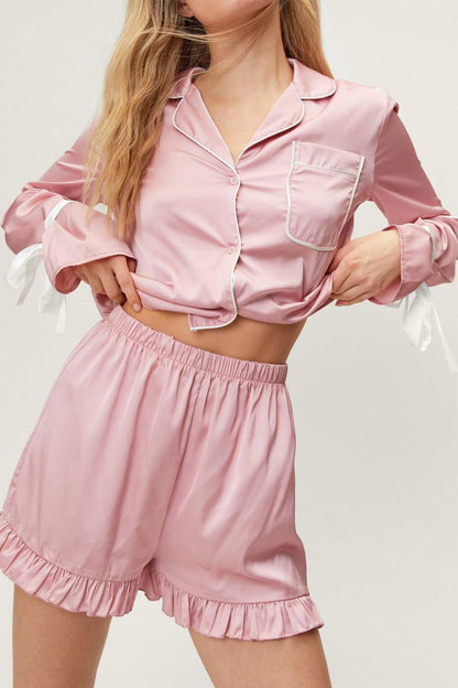 Tied Cuff Collared Neck Top and Frill Shorts Lounge Set