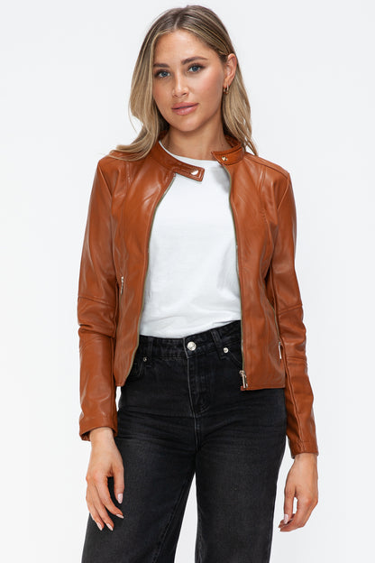 Faux Leather Zip Up Drawstring Hooded Jacket