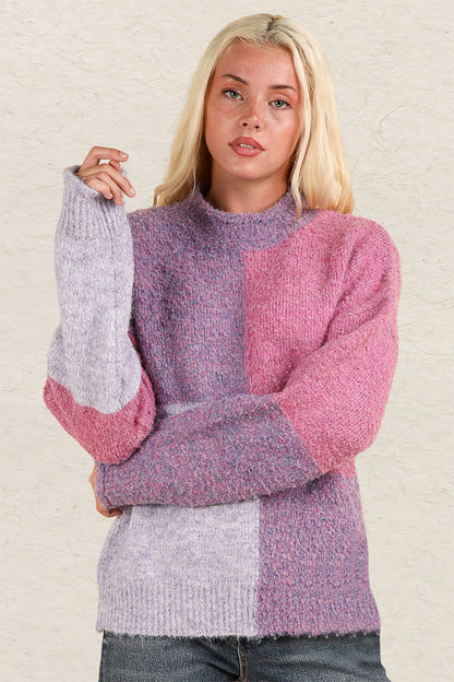 Color Block Mock Neck Drop Shoulder Sweater