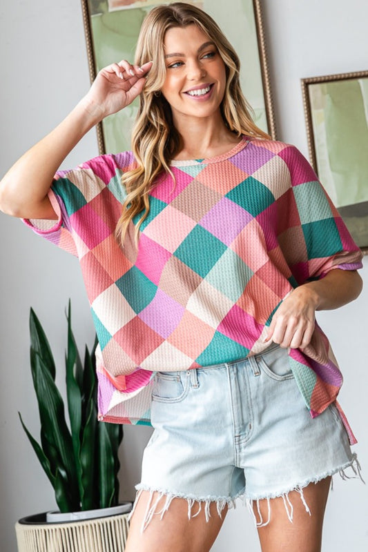 Multi Colored Argyle Side Slit T-Shirt