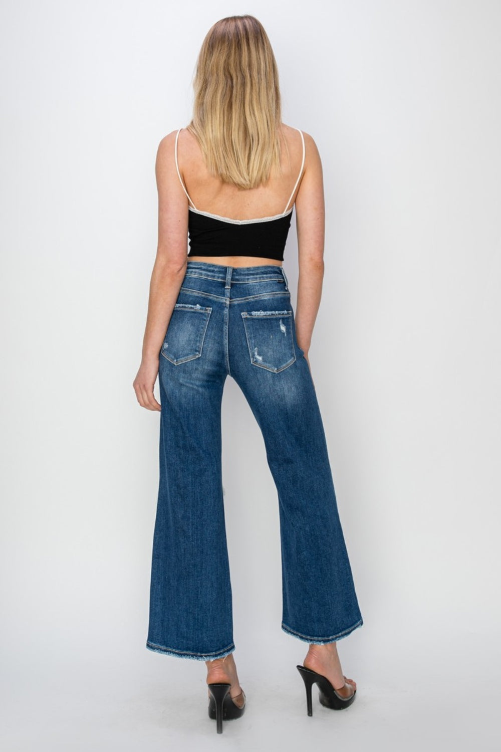 Risen High Rise Patch Detailed Wide Leg Crop Jeans