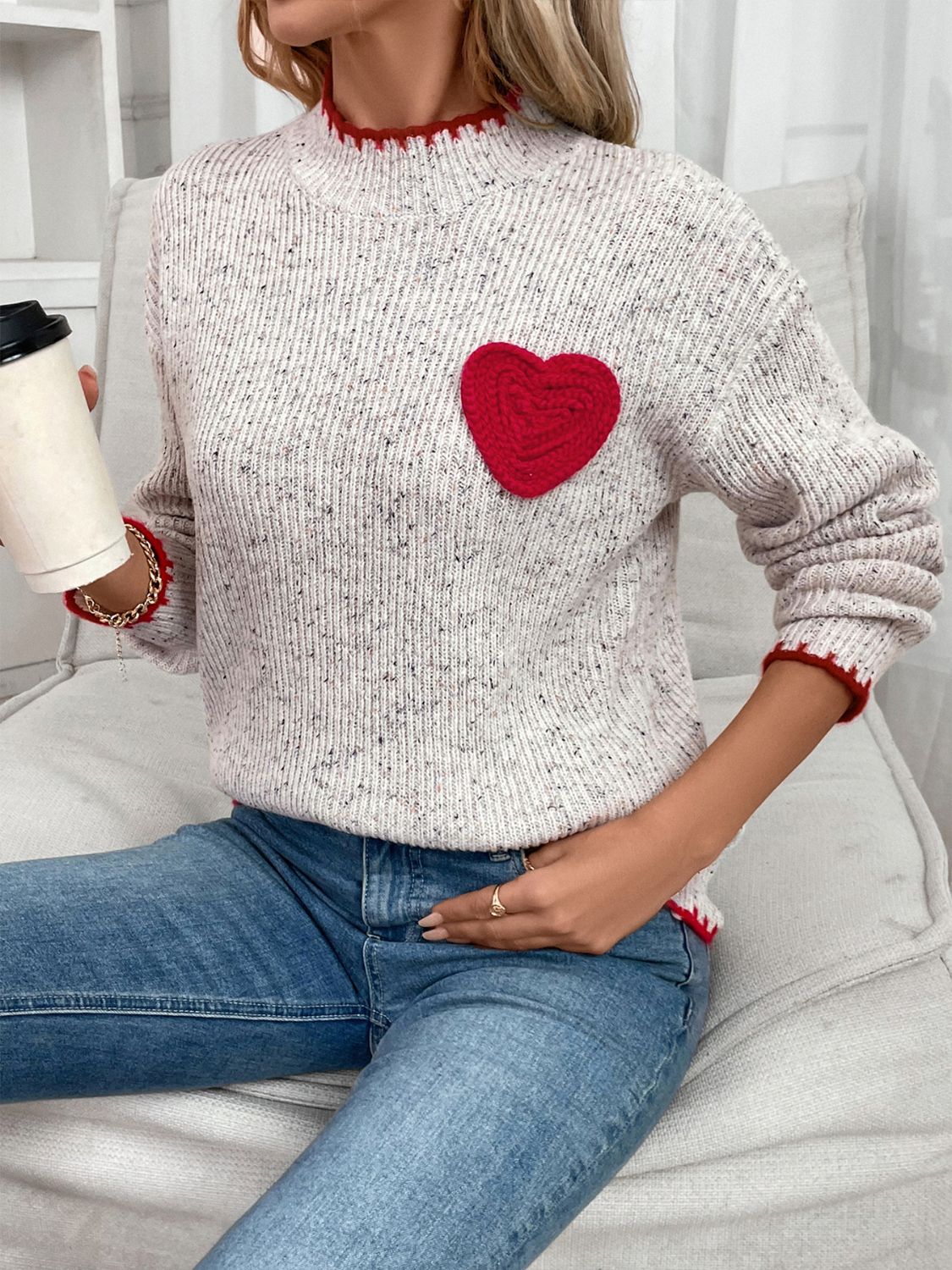 Contrast Heart Round Neck Long Sleeve Sweater