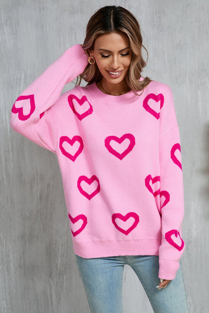 Heart Round Neck Dropped Shoulder Long Sleeve Sweater