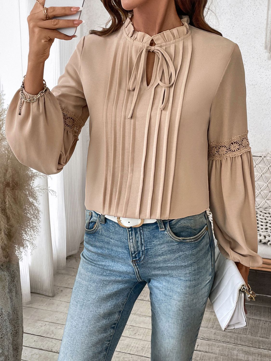 Frill Tie Neck Long Sleeve Blouse