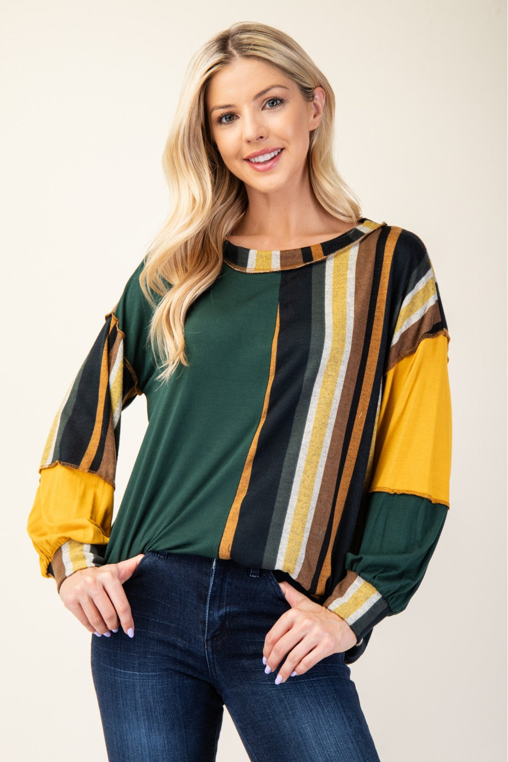 Striped Color Block Exposed Seam T-Shirt