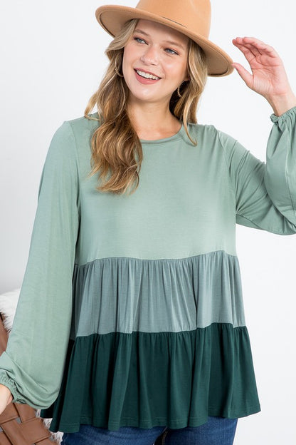 COLOR BLOCK RUFFLE TIERED SWING TOP