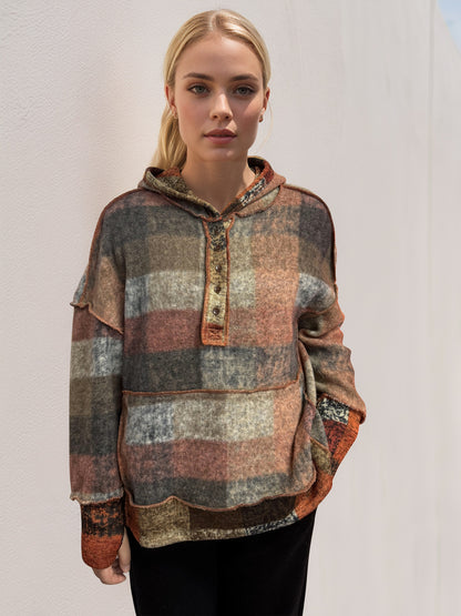 Plaid Dropped Shoulder Fleece Hoodie