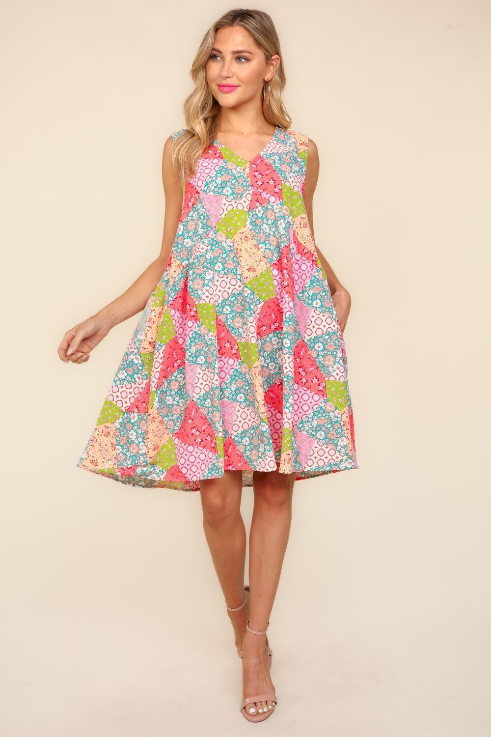 Babydoll Floral Patchwork Dress with Side Pockets