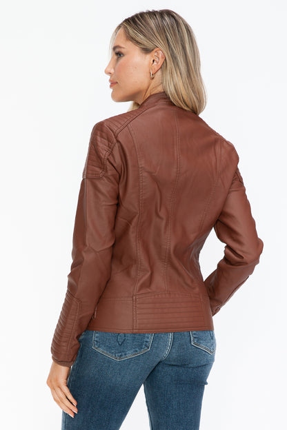 Faux Leather Biker Jacket with Side Zip Pockets