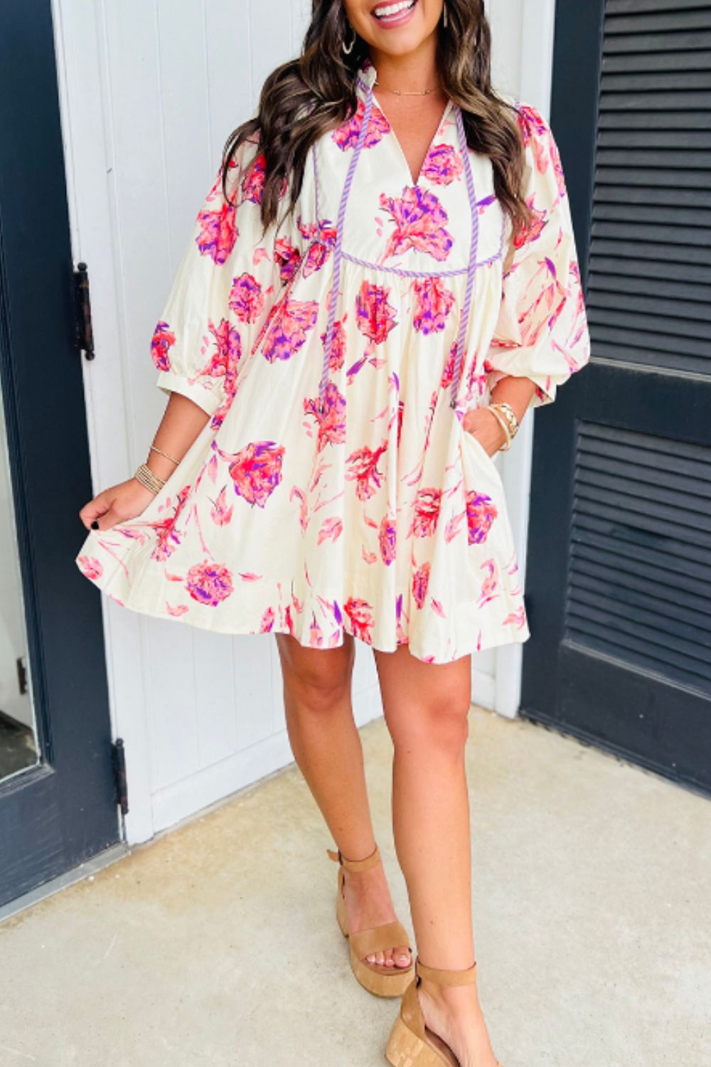 Tied Flower Printed Three-Quarter Sleeve Dress