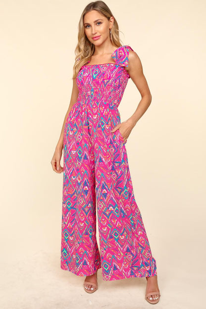 Printed Smocked Sleeveless Jumpsuit