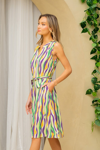 Stripe Tied Sleeveless Dress with Side Pockets