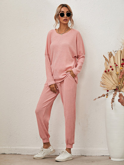 Round Neck Dropped Shoulder Top and Joggers Lounge Set