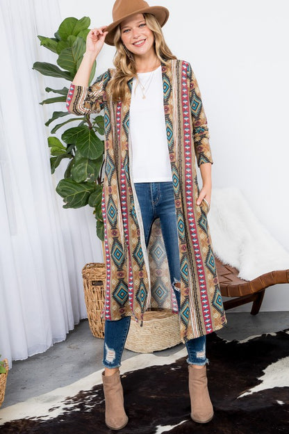 PLUS AZTEC PRINT LONG CARDIGAN