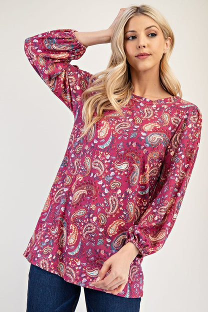 Celeste Paisley Round Neck Balloon Sleeve Top