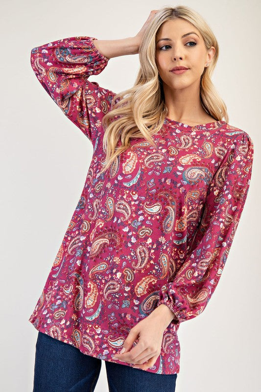 Celeste Paisley Round Neck Balloon Sleeve Top