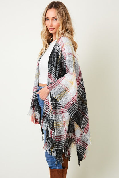 MULTI PLAID FRINGE PONCHO SHAWL