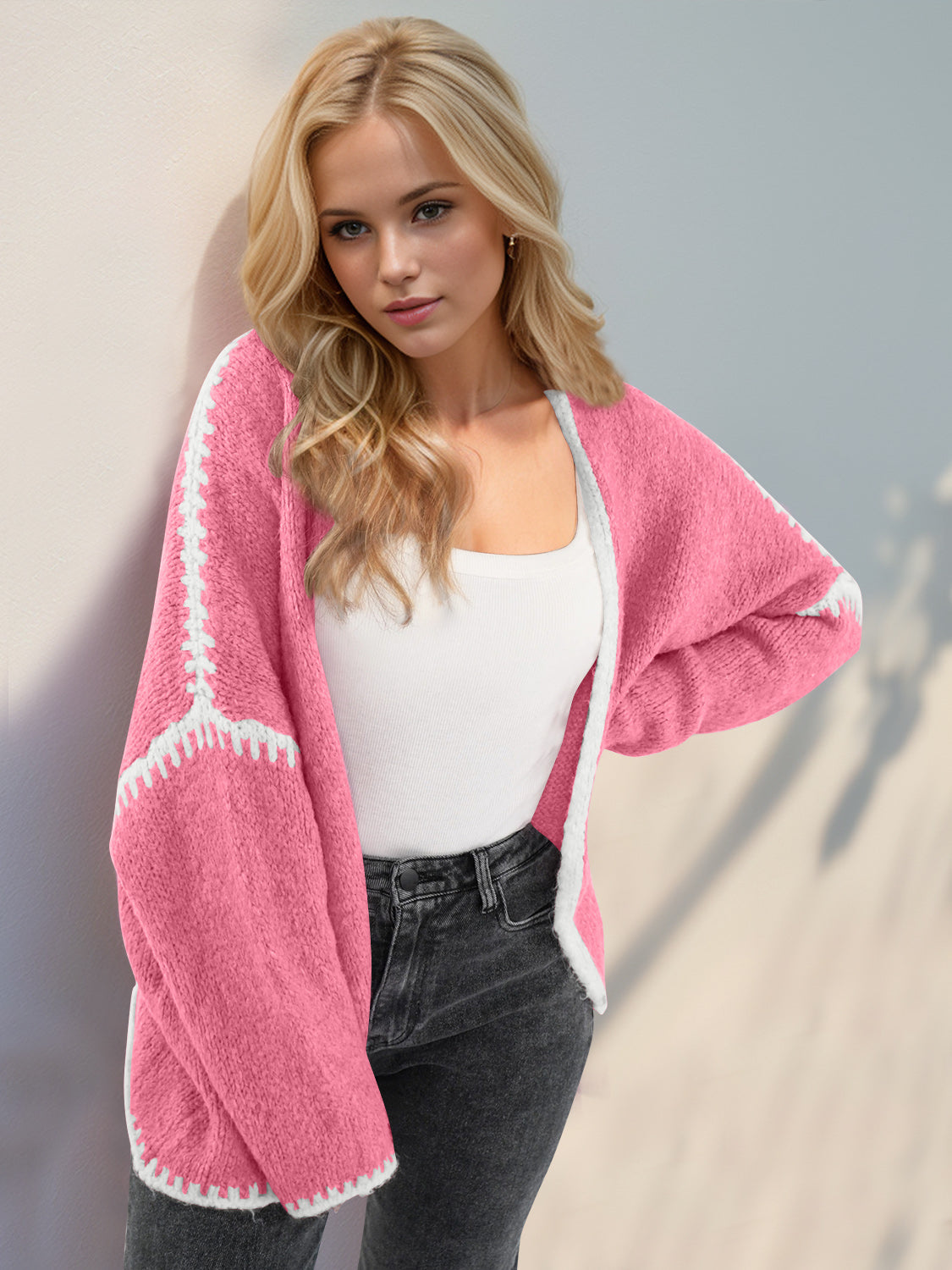 Contrast Open Front Dropped Shoulder Cardigan