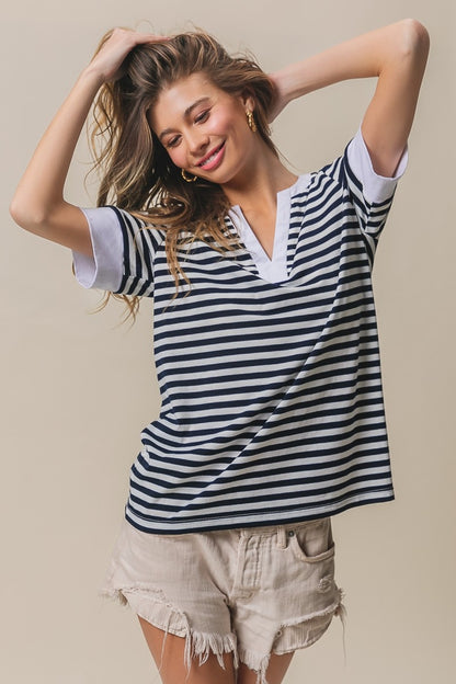 Contrast Striped Notched Knit Top