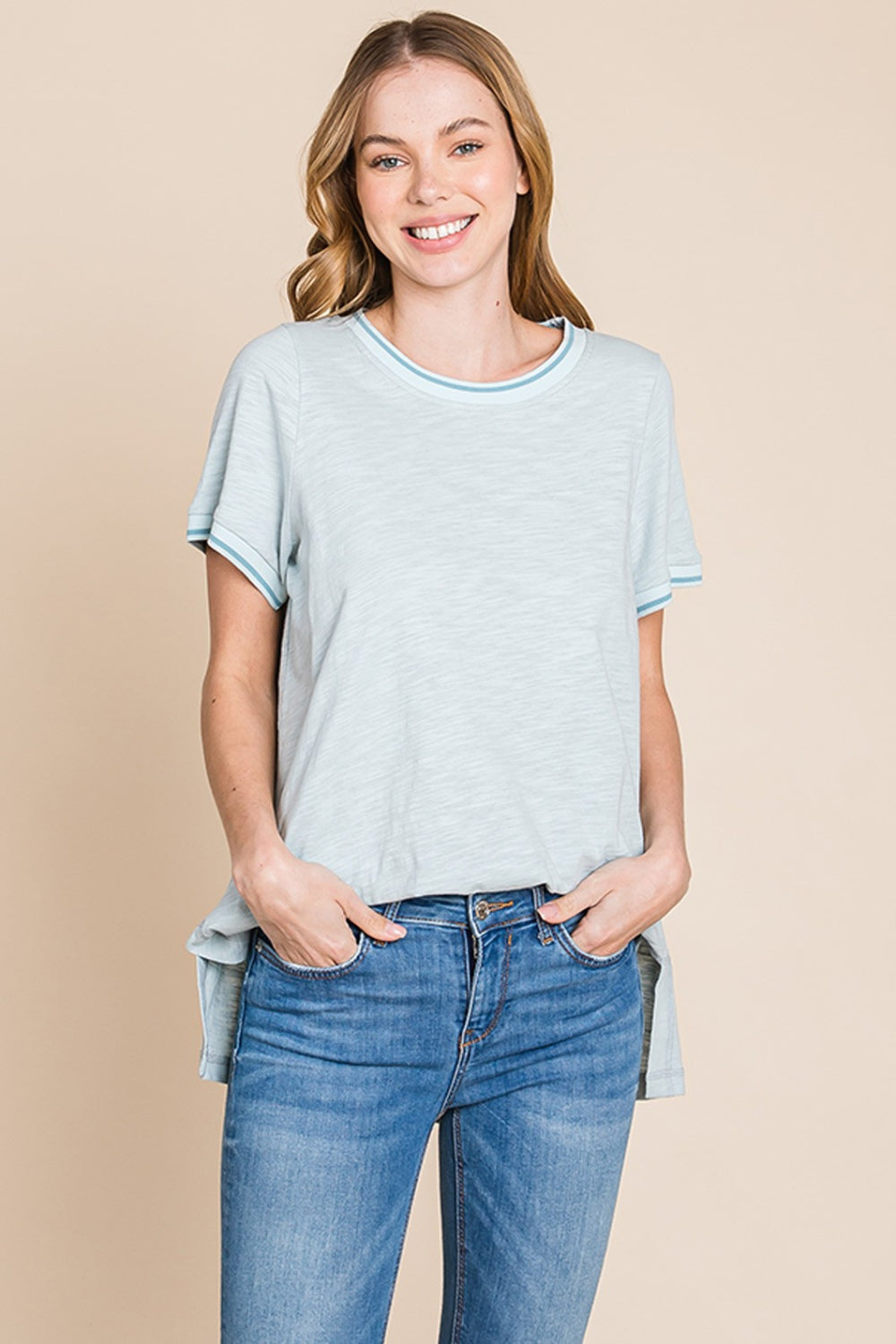 Contrast Trim Short Sleeve Slit T-Shirt