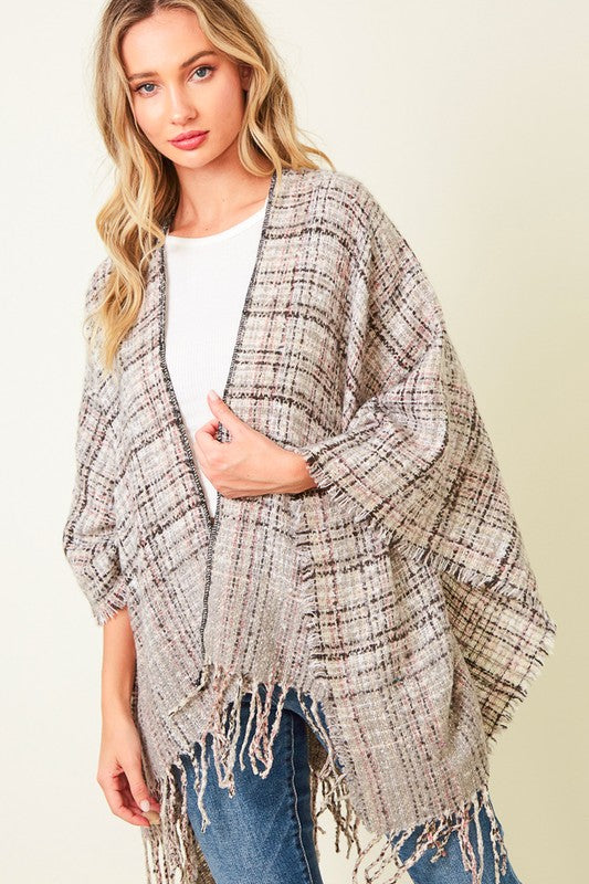 MULTI PLAID FRINGE PONCHO SHAWL