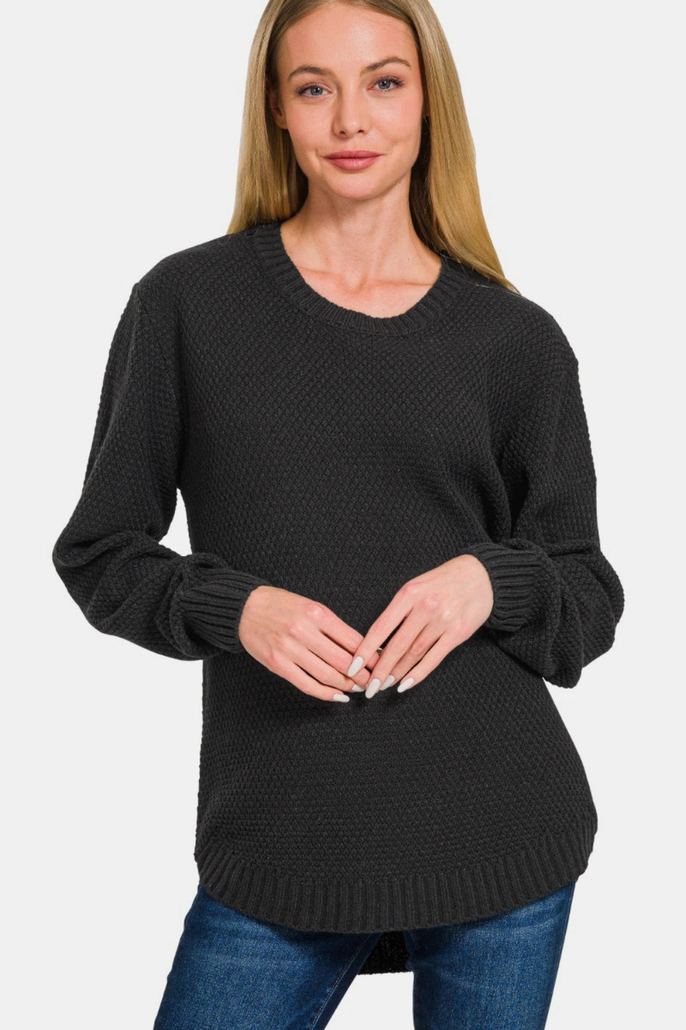 Round Neck Long Sleeve Curved Hem Sweater