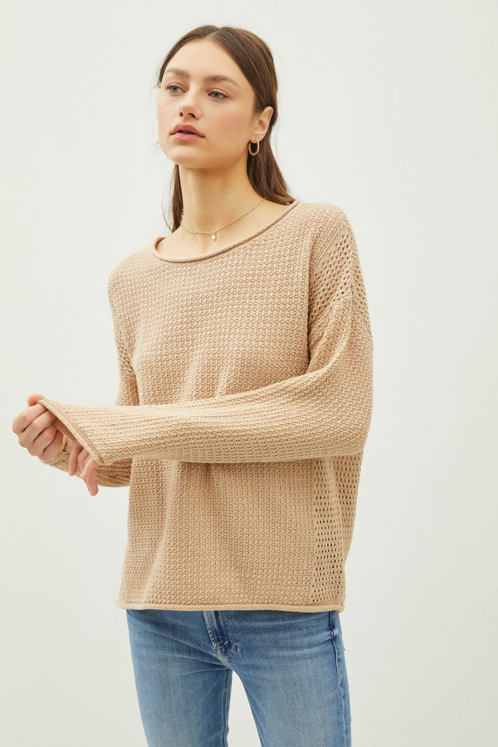 Rolled Openwork Round Neck Sweater