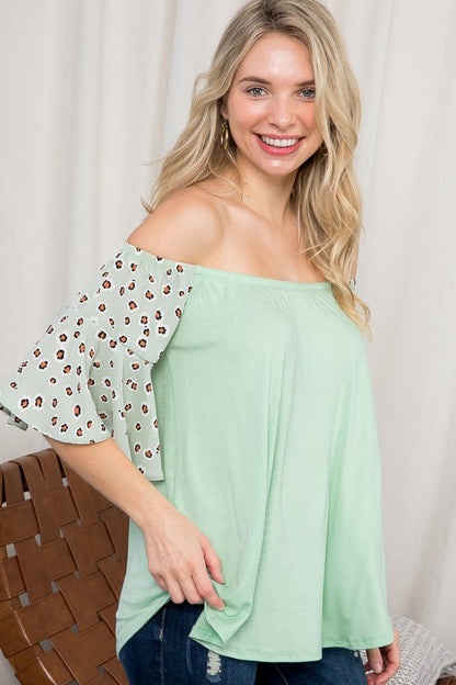 CHEETAH WOVEN MIX OFF SHOULDER TOP