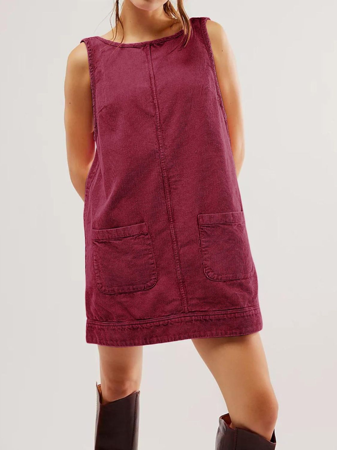 Round Neck Wide Strap Mini Dress with Pockets