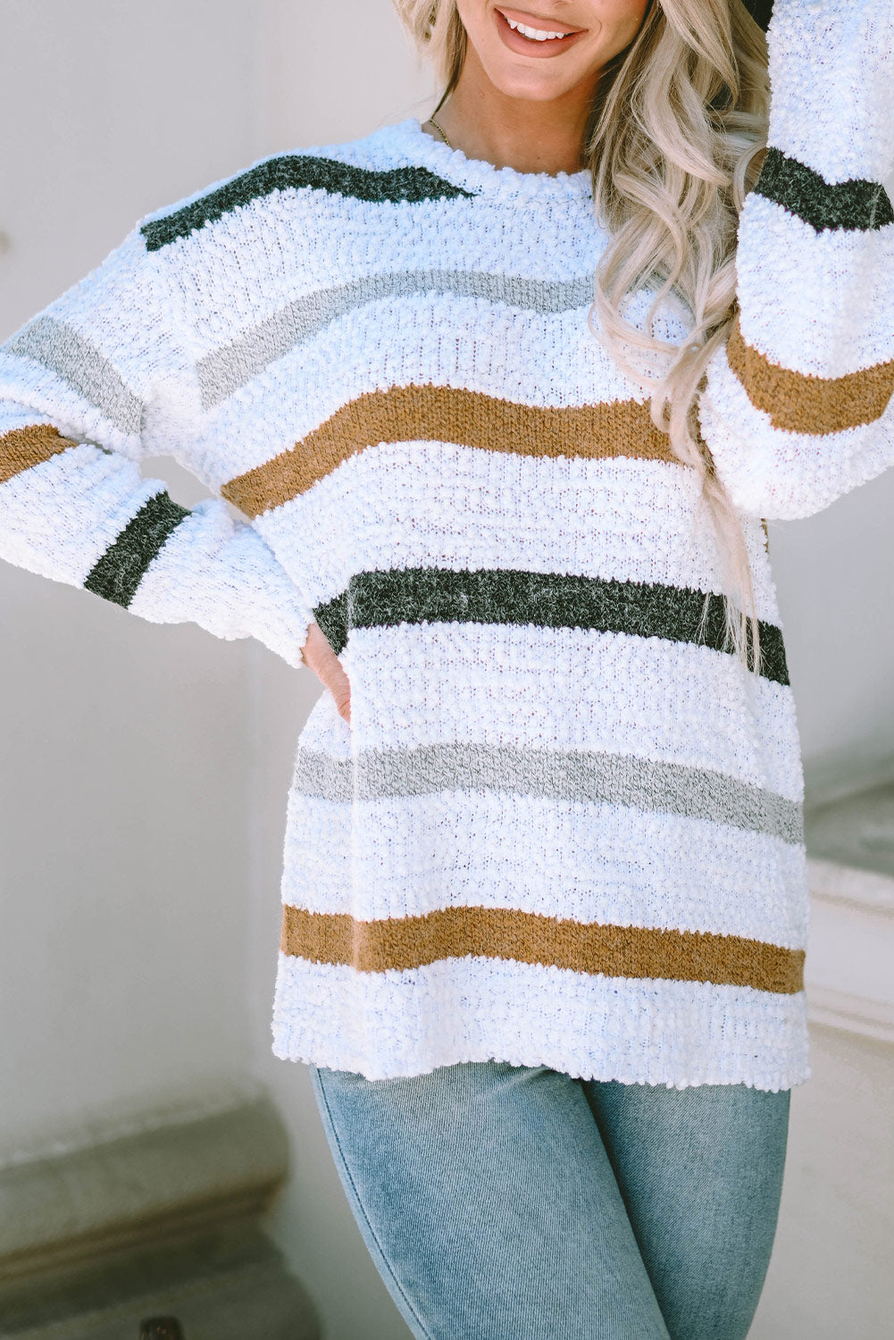 Striped Round Neck Dropped Shoulder Sweater