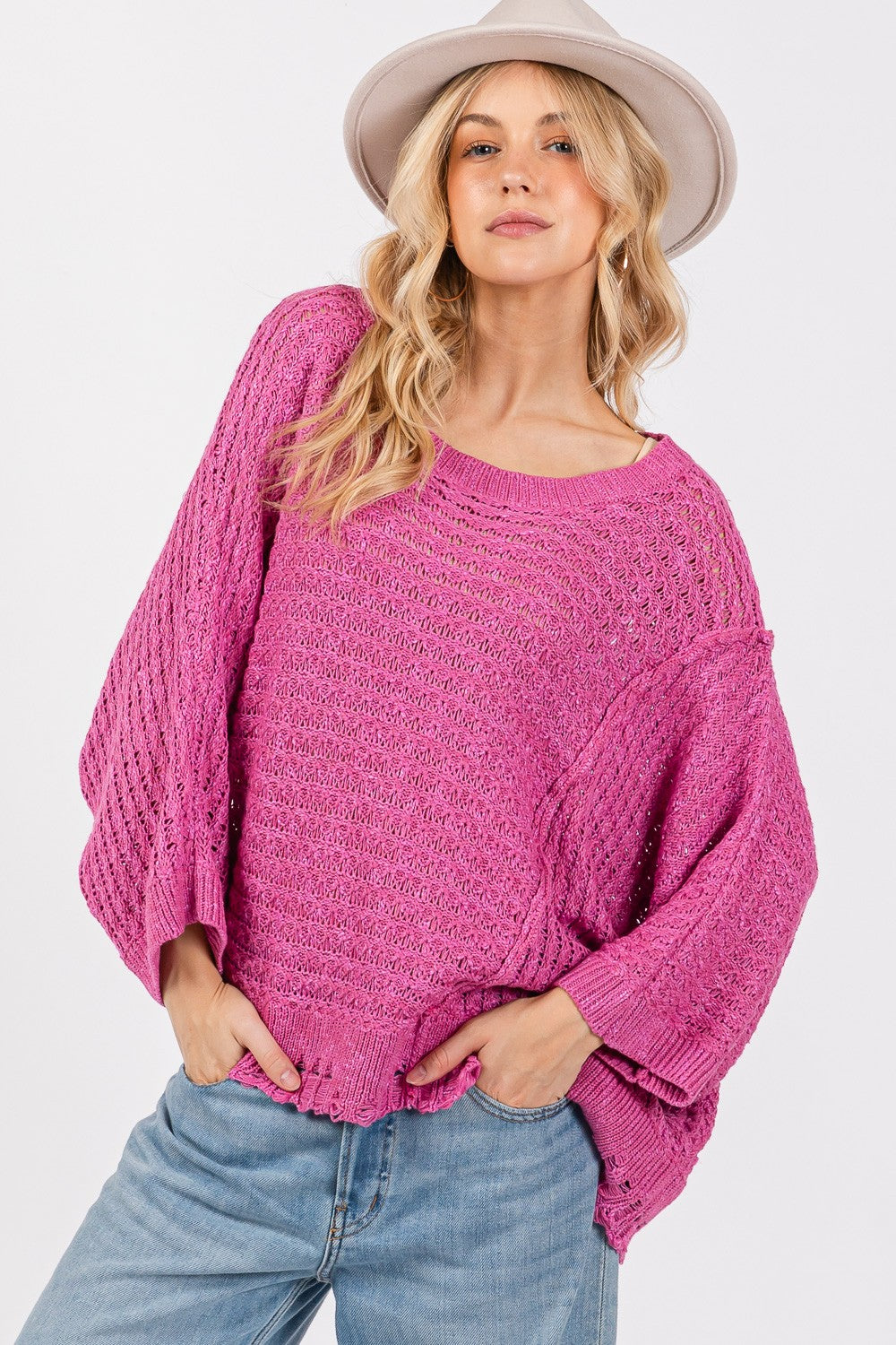 Distressed Asymmetrical Open Stitch Sweater