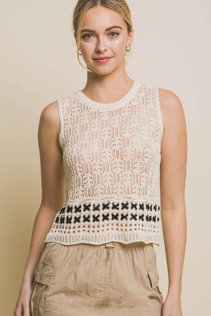 Contrast line Openwork Knit Tank