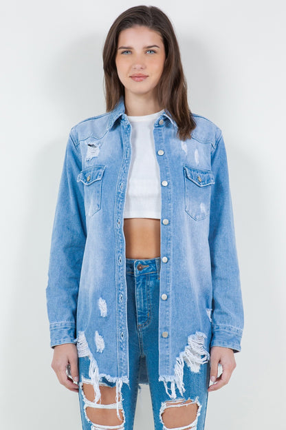 Raw Hem Distressed Long Sleeve Denim Jacket