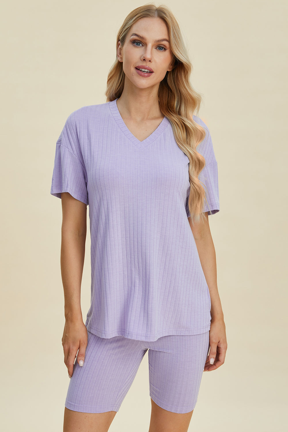 Ribbed V-Neck Short Sleeve Top and Shorts Set