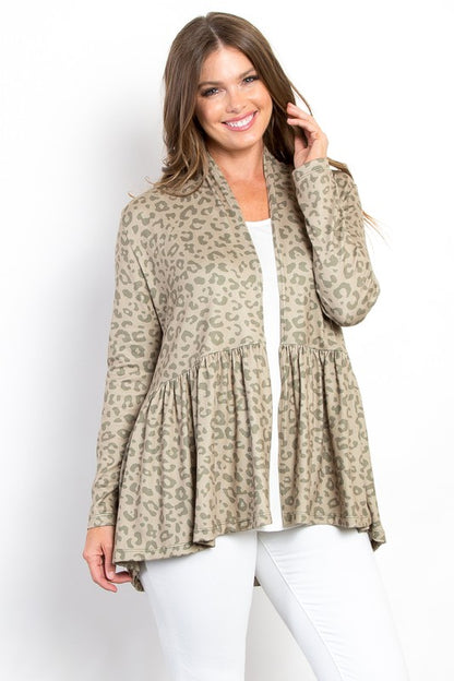 Be Stage Peplum Leopard Open Front Long Sleeve Cardigan